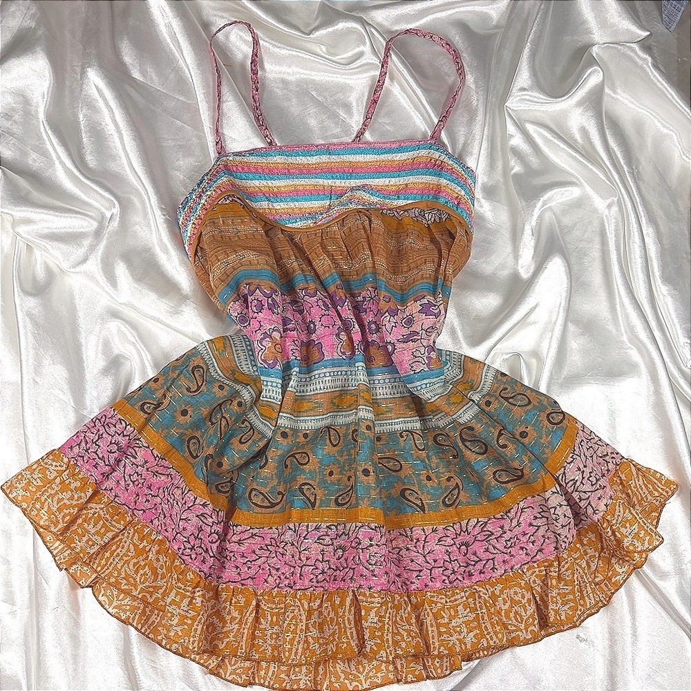 y2k Daytrip Babydoll Top Multi Color Excellent Boho Paisley Metallic Tiered S